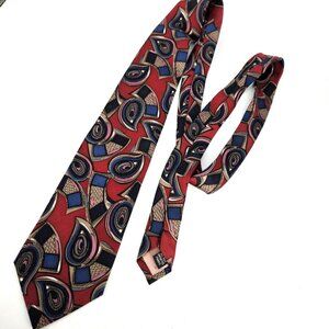 Vintage John Weitz Necktie Mens One Size Red Silk Geometric Abstract 90s Office
